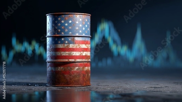 Fototapeta Rusted oil barrel with usa flag and economic graph, energy and economy concept

