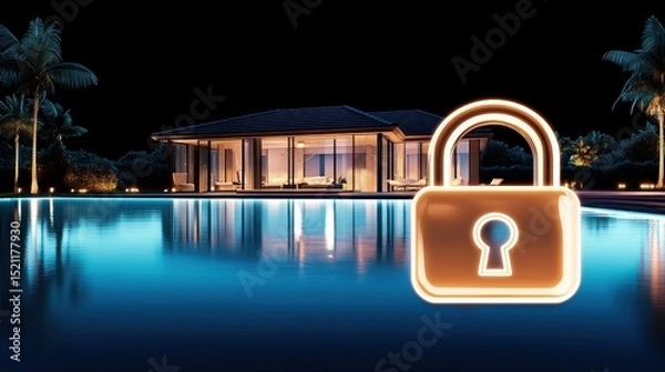 Fototapeta Illuminated padlock in front of a luxurious modern house