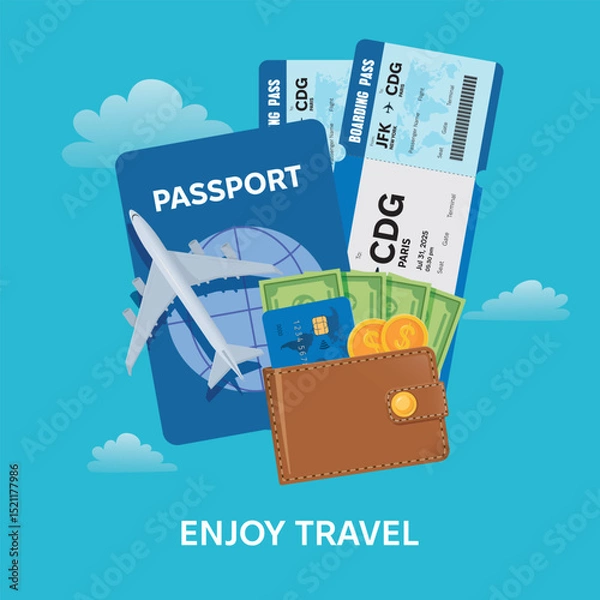 Fototapeta Travel concept illustration featuring essential travel items including a passport, boarding passes to Paris, airplane model, credit card, and wallet with cash and coins, set against a blue sky