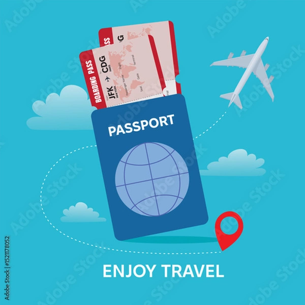 Fototapeta Travel concept illustration featuring essential travel items including a passport, boarding passes to Paris, and an airplane model set against a blue sky.