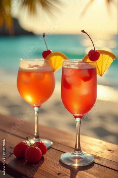 Obraz A pair of glasses filled with liquids on a wooden surface