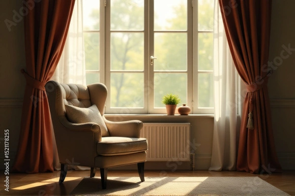 Fototapeta A single chair sitting in front of a window with an open view