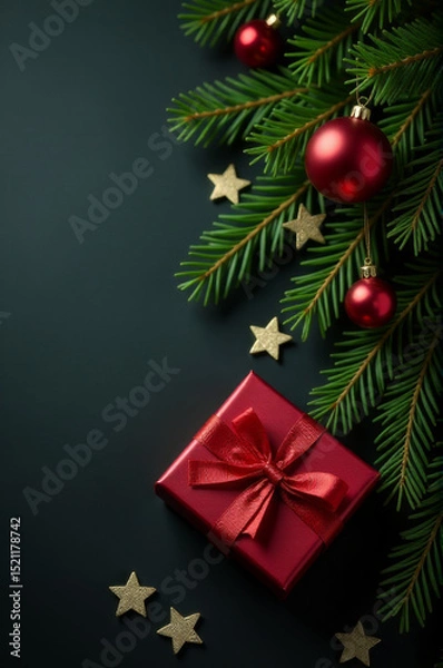 Obraz A beautifully decorated red gift box with a red bow and star ornaments, perfect for holidays or special occasions