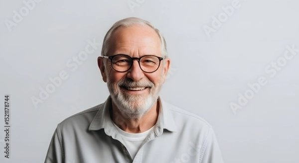 Fototapeta A heartwarming portrait of a senior man, his eyes twinkling with joy behind glasses, a soft smile gracing his lips. A picture of a kind, experienced gentleman.