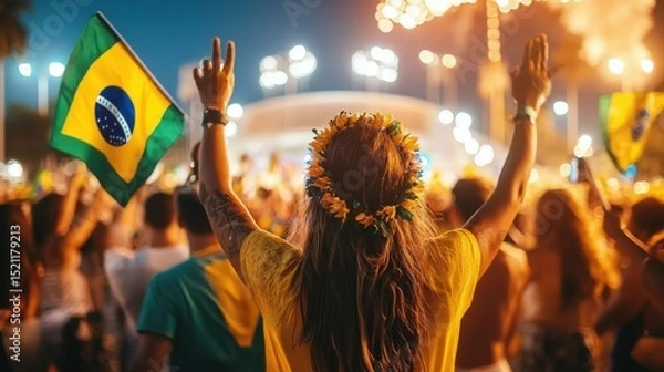 Fototapeta Lively enthusiastic crowd gathered at a vibrant Brazilian event with people waving national flags and cheering excitedly on a stage under bright lighting and fireworks