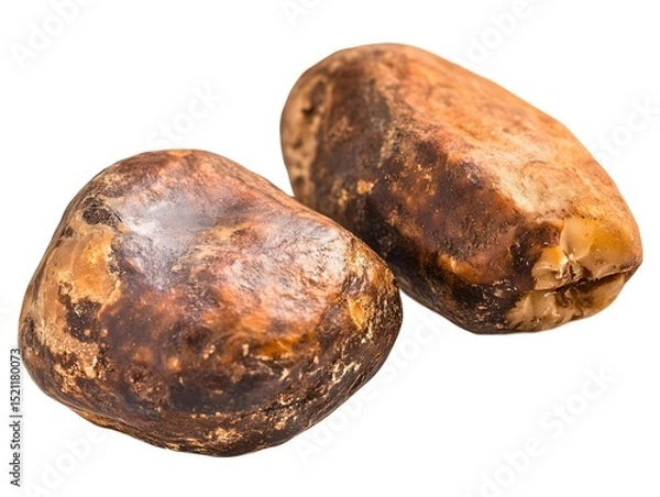 Fototapeta Close up shot of two african black soap bars on a white background with detailed texture and coloration