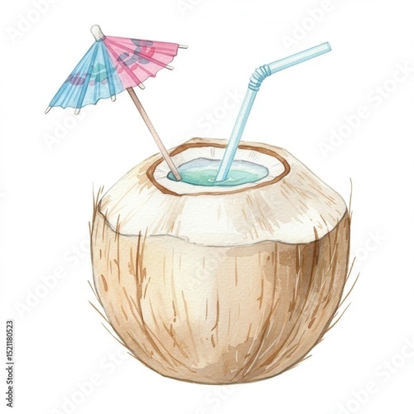Fototapeta A watercolor illustration shows refreshing young coconut drink, complete with bendy blue straw and delightful pink-and-blue paper umbrella, set against stark white backdrop.summer mood