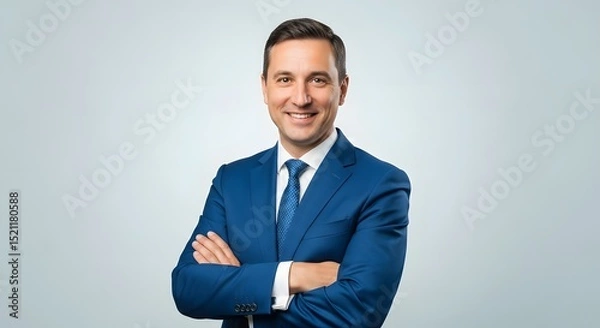 Fototapeta A confident and charismatic businessman, elegantly attired in a tailored blue suit, stands with arms crossed, exuding an aura of professionalism and success, ready to inspire and lead.