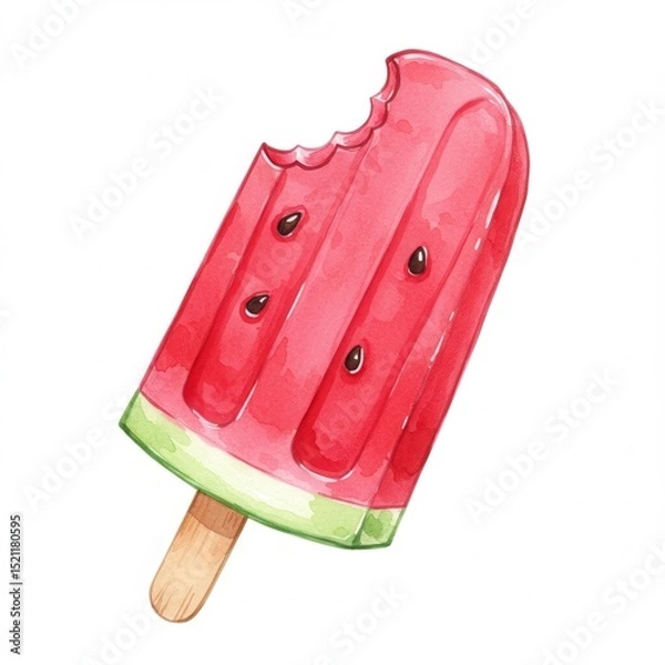 Fototapeta A watercolor painting displays watermelon flavored popsicle, with bite taken from the top, featuring seeds and green rind at bottom against white background.summer mood