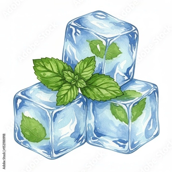Fototapeta A watercolor illustration shows three translucent ice cubes with mint leaves frozen inside, topped fresh sprig of mint, all  against pure white backdrop.summer mood
