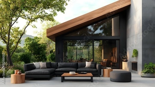 Fototapeta Rustic and elegant living area with countryside views