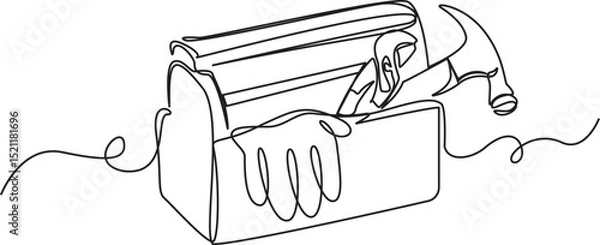 Fototapeta One Line Drawing of Toolbox with Tools – Minimalist Vector Illustration of Hammer, Gloves, and Equipment.