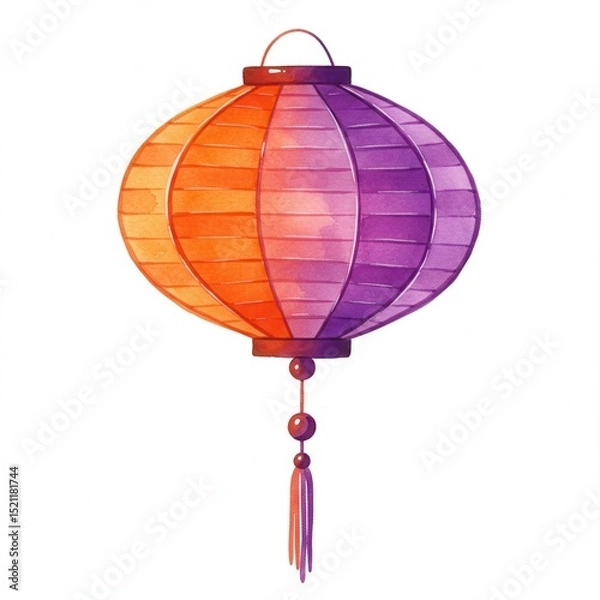 Fototapeta A decorative lantern in watercolor style is bisected into orange and purple halves, completed with matching beaded tassel handle, all displayed against white backdrop.