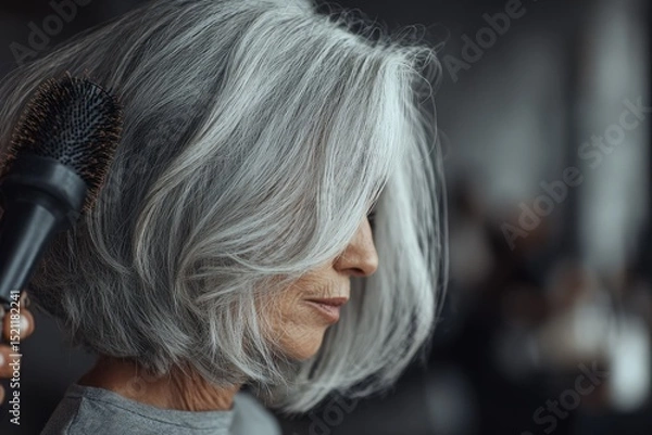 Obraz Close-up of hairstylist blow-drying shoulder-length silver hair with round brush, visible volume, soft lighting, detailed strands, salon scene.