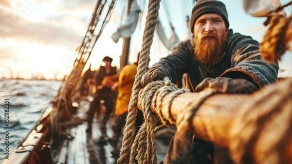 Fototapeta A group of rugged experienced sailors working together to ready their vintage sailing ship for an adventurous journey across the open ocean