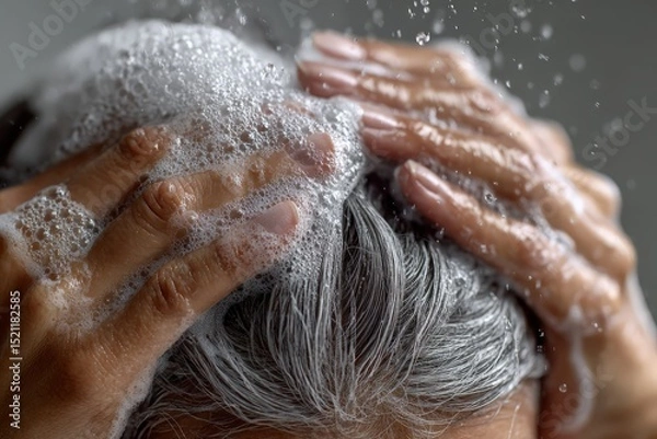 Obraz Close-up of mature hands massaging white shampoo foam into wet silver-gray hair, visible strands and bubbles, glossy texture, soft light, high realism.