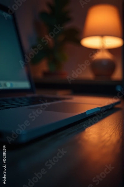Obraz A laptop computer sits on a wooden desk with a simple, clean background