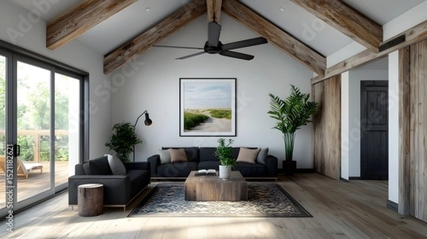 Fototapeta Rustic and inviting living space with exposed wood beams and plush furnishings