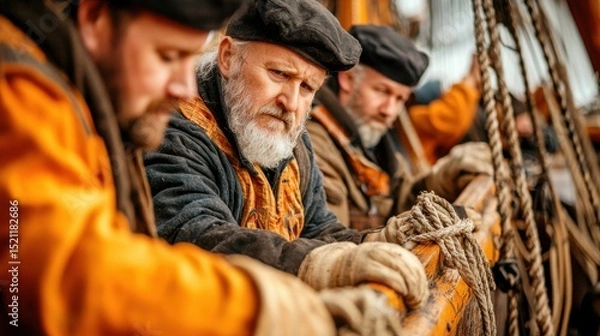 Fototapeta A group of seasoned sailors carefully preparing the rigging and gear for an upcoming voyage on a ship showcasing their expertise and teamwork in the maritime industry