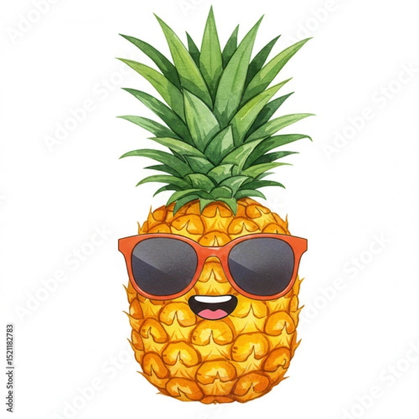 Fototapeta A cheerful pineapple character with spiky green leaves sports orange-framed sunglasses and happy open mouth, bringing touch of tropical fun to the white background.watercolor