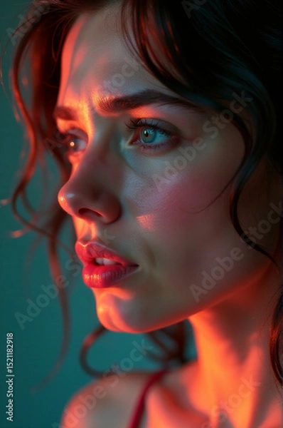 Obraz Close-up of a woman's face illuminated by a red light, suitable for use in dramatic or romantic contexts