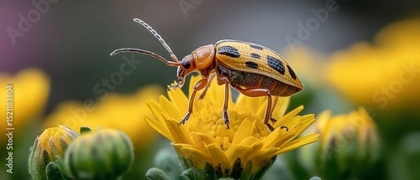 Obraz Spotted beetle explores vibrant flower petals