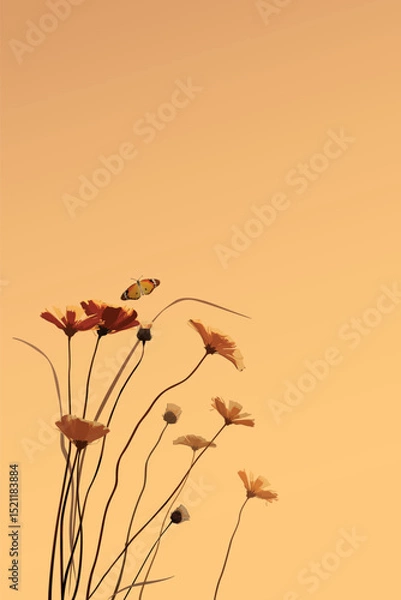 Obraz Silhouette flowers and butterfly with sunset sky vertical background graphic illustration have blank space.