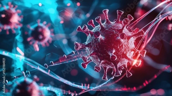 Fototapeta Close up microscopic view of a detailed intricate virus structure with elements of cybersecurity and antivirus software concepts in the background