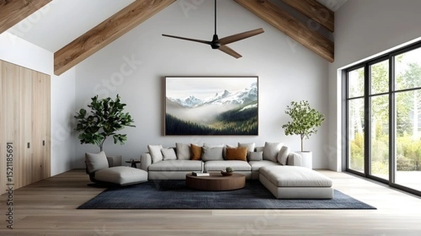 Fototapeta Rustic and modern living room with wooden beams and natural light