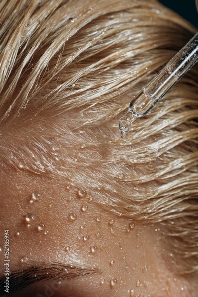 Obraz Extreme close-up of slicked-back wet blonde hair with dropper applying serum to scalp. Visible droplets, clean background, soft studio lighting, hyperrealism.