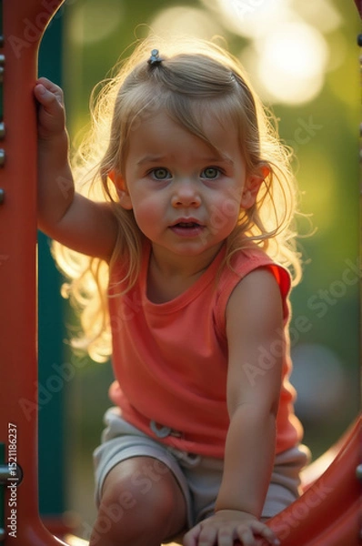 Fototapeta A young child enjoying recess time on a colorful playground slide