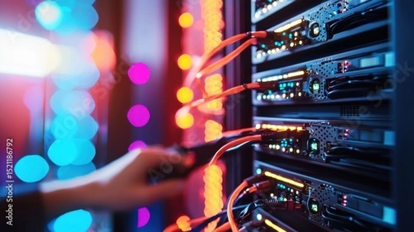 Fototapeta Rack of servers switches and other networking hardware in a brightly lit colorful data center environment
