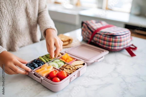 Fototapeta A woman prepares a colorful lunchbox filled with a variety of healthy snacks, on a marble kitchen counter with a plaid backpack in the background