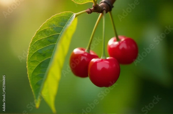 Obraz Fresh cherries hanging from a tree branch, ripe and ready to eat