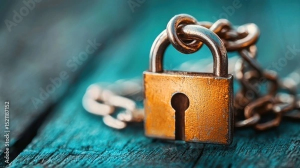 Fototapeta A close up image of a rusted metal padlock and chain representing the importance of cybersecurity data protection