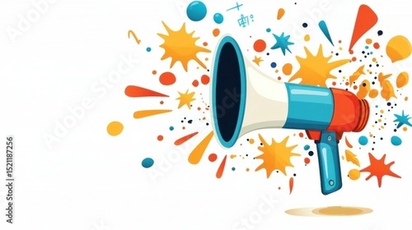 Fototapeta A vibrant and eye catching representing a successful social media advertising campaign featuring a megaphone emitting a colorful splash of graphics and digital elements