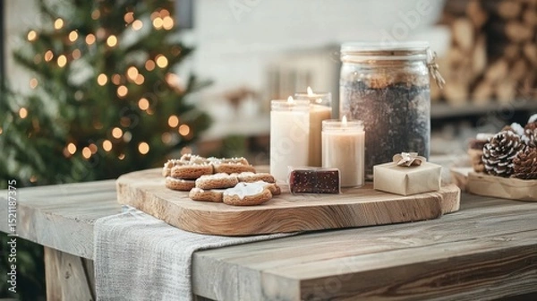 Fototapeta Cozy and inviting rustic wooden table adorned with glowing candles pine cones and other festive holiday a warm and welcoming atmosphere for a seasonal