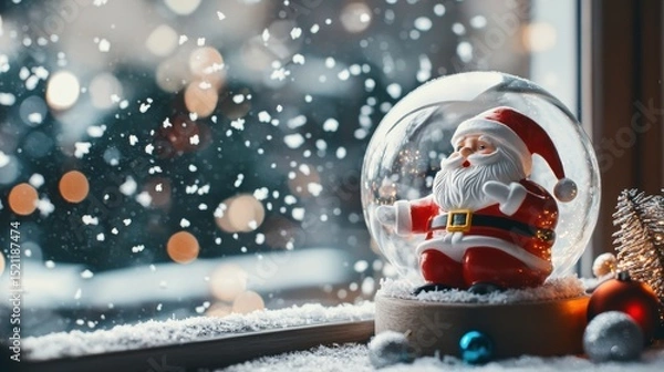 Fototapeta A festive Christmas scene featuring a Santa Claus figurine and a snowy snow globe placed on a twinkling lights and a blurred background creating a cozy magical atmosphere