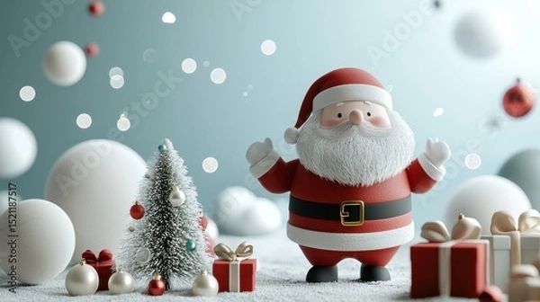 Fototapeta A jolly and iconic Santa Claus figurine stands proudly among a winter wonderland of holiday a small Christmas tree wrapped gifts and glistening snowballs creating a cozy and festive atmosphere