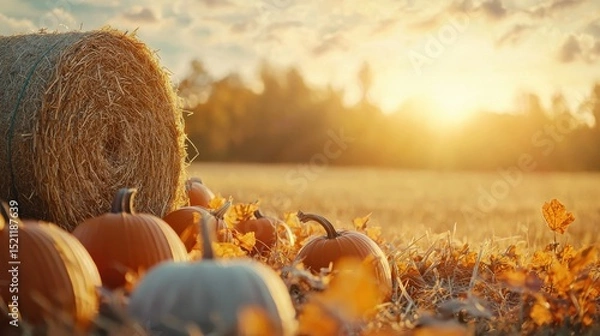 Fototapeta A picturesque rural scene showcasing a peaceful autumn landscape with a field of golden hay bales set against a warm glowing sunset sky