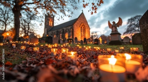 Fototapeta A tranquil churchyard scene at dusk with a historic church in the background surrounded by lit candles and a carpet of fallen autumn leaves creating a contemplative and solemn atmosphere