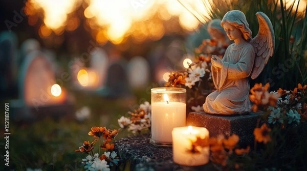 Fototapeta Tranquil churchyard setting at dusk with candles burning near gravestones and a serene angel statue amidst autumn flowers and foliage creating a reflective and spiritual atmosphere