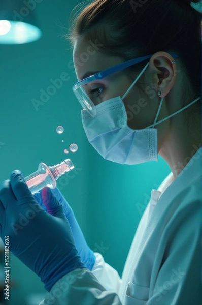 Obraz A woman in a lab coat holds a small vial, suitable for medical or science-related uses