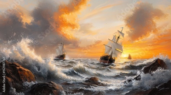 Fototapeta A powerful storm rages on the open ocean with massive waves crashing against the rocky coastline as the sun sets in the distance creating a breathtaking and moody seascape