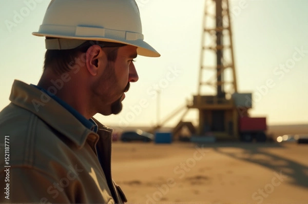 Obraz A worker in a hard hat stands near a drilling rig, with equipment and pipes visible