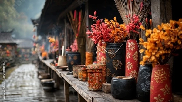Fototapeta Colorful lanterns pottery and floral arrangements adorn the streets of a traditional rural Asian festival creating a festive and spiritual atmosphere