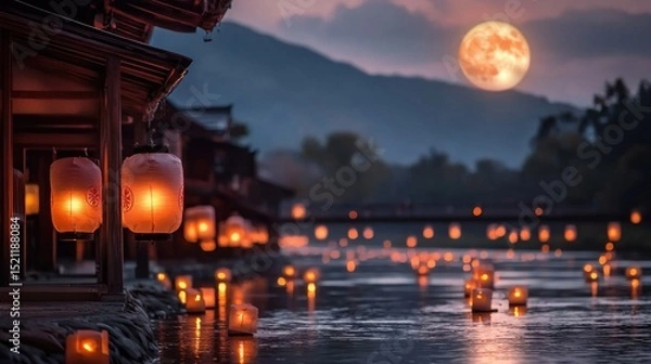Fototapeta Serene scene of a river surrounded by mountains with numerous floating lanterns illuminating the water under the glow of a majestic full moon