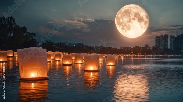 Obraz A serene and enchanting scene of a river reflecting the soft glow of numerous floating lanterns set against a night sky with a captivating full moon