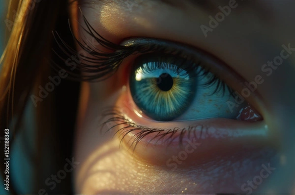 Obraz A detailed view of a person's blue eye with eyelashes and iris