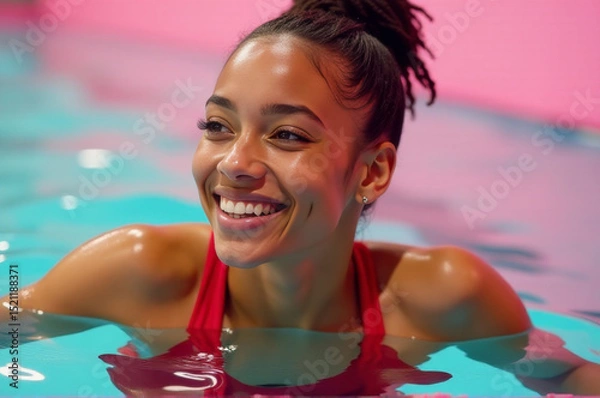 Obraz A woman wearing a red swimsuit smiles while floating on the surface of a pool